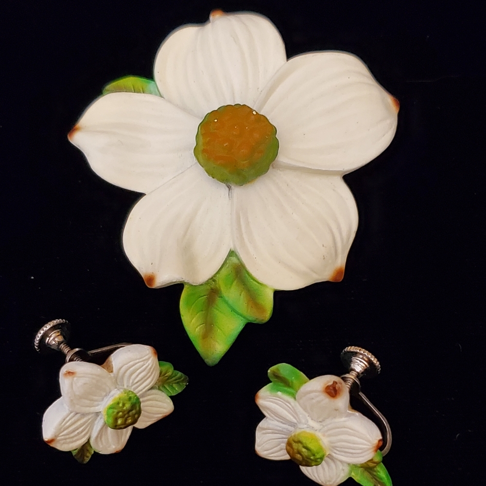 Hand Painted Wooden Floral Brooch and Earrings Set Magnolia Made in Canada